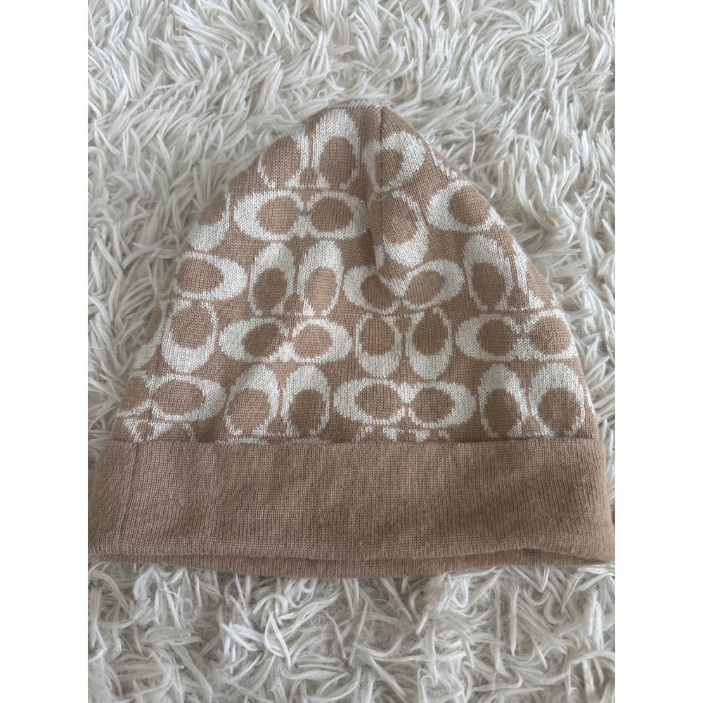 Vintage y2k Coach Signature C Logo Beanie Hat Tan Cream Wool Blend OS‎ - Picture 3 of 5